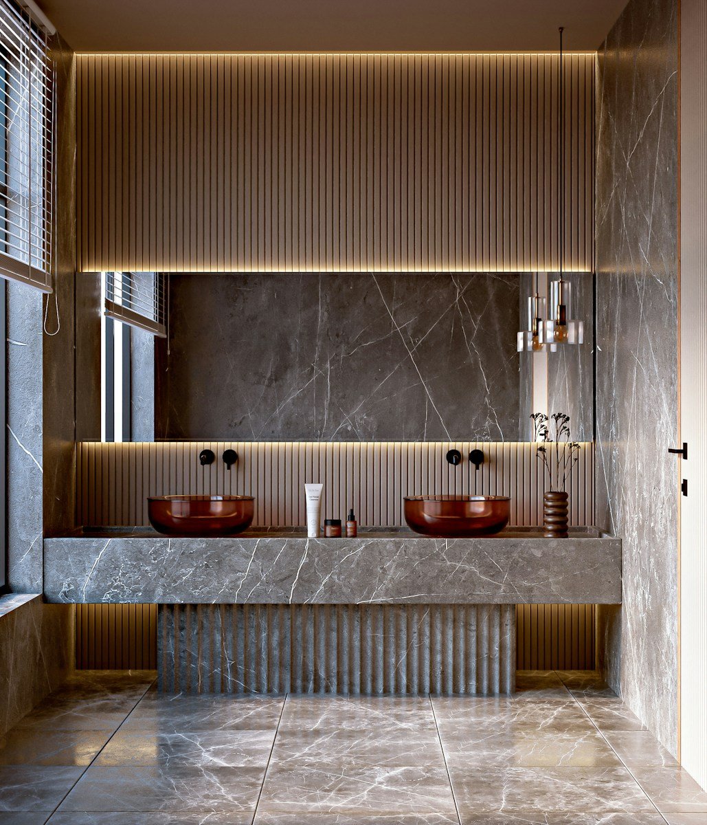 Modern bathroom with marble vanity and double sinks