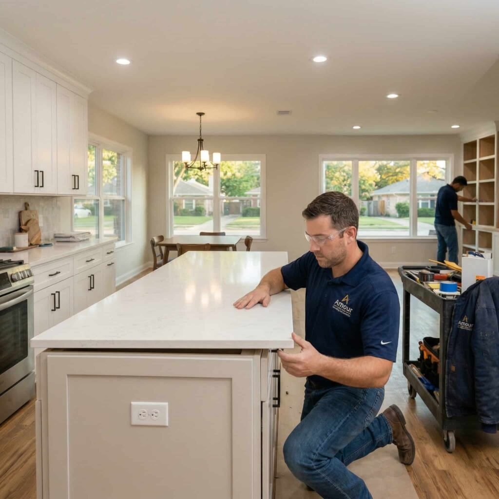 Amour Remodeling and Construction contractor, wearing a branded polo and safety glasses, installing a white quartz countertop in a modern DFW kitchen.