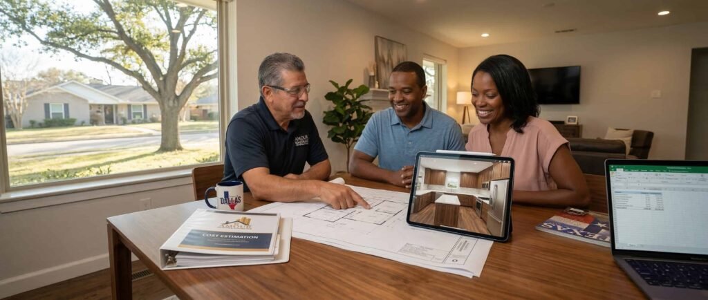 A photorealistic wide-angle shot of a male contractor in a black polo shirt reviewing architectural blueprints with a Black couple. They are gathered around a wooden table in a well-lit living room, smiling at an iPad displaying a 3D kitchen renovation design. A laptop with spreadsheets, a coffee mug, and a cost estimation binder are on the table. A suburban street view is visible through the window.