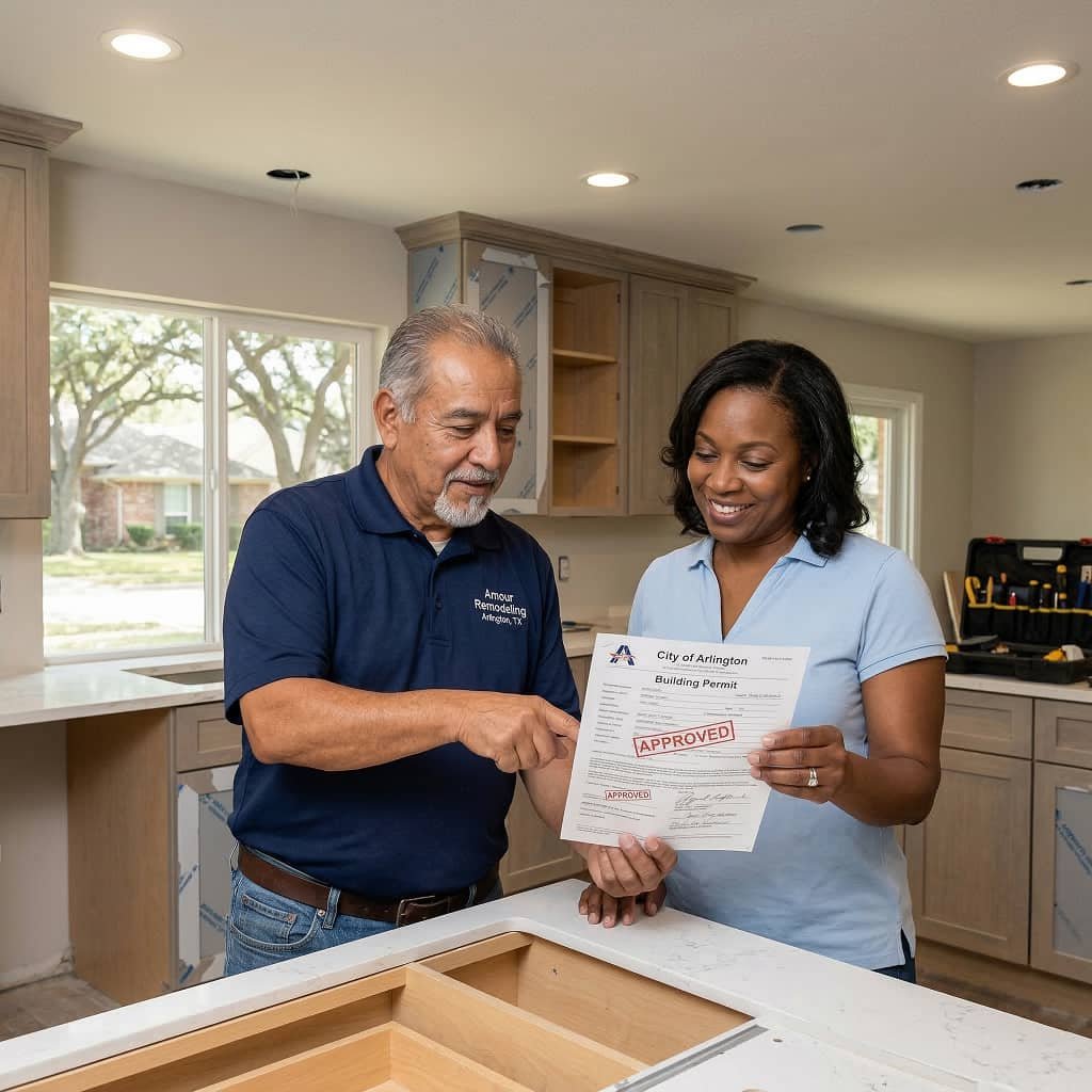An experienced Amour Remodeling contractor showing a smiling homeowner an approved City of Arlington building permit. They are standing in a kitchen currently under construction, highlighting the company's commitment to trustworthy, fully permitted, and to-code local home renovations.