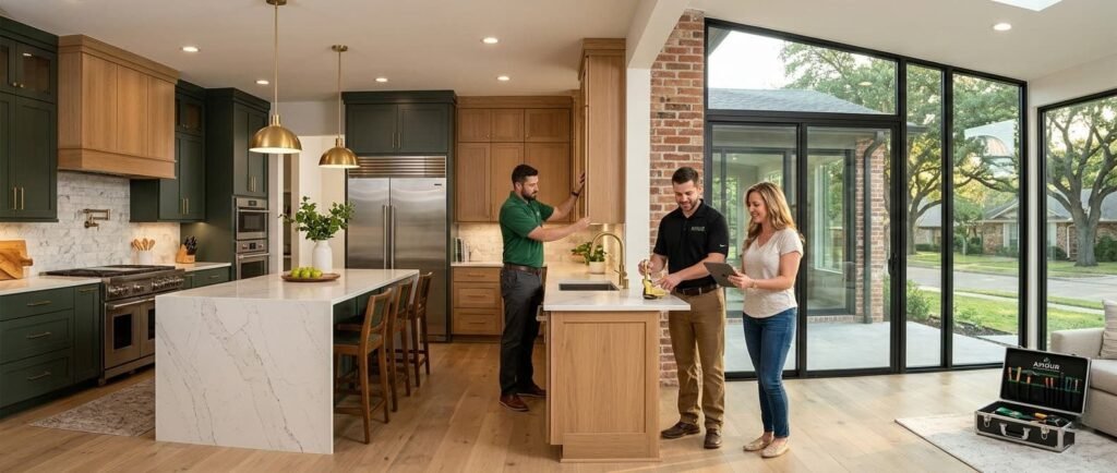 Amour Remodeling and Construction contractors conducting final quality checks on a recently transformed open-plan North Arlington, TX home. The scene features a custom green kitchen with a large quartz waterfall island, flawless finishes, and two contractors interacting with a smiling woman homeowner. Large, floor-to-ceiling black-framed glass doors and windows overlook a leafy neighborhood and reveal a seamless transition from the original structure to a new modern family area addition. The specific silhouettes of AT&T Stadium and Globe Life Field in the Entertainment District are subtly visible in the distance. The entire scene emphasizes realistic textures and professional quality craftsmanship.