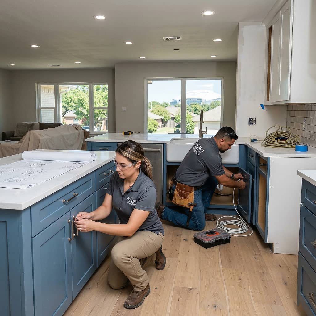 Two professional contractors performing comprehensive home remodeling in an Arlington, TX kitchen. A female contractor installs custom cabinet hardware on a blue island, while a male contractor handles plumbing and electrical details under the sink. Tools, blueprints, and new flooring are visible, with the iconic AT&T Stadium roof seen through the background window.