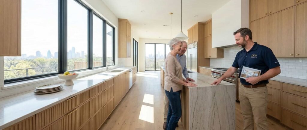 An Amour Remodeling contractor showing design plans on a tablet to a smiling couple inside a bright, newly renovated kitchen in the DFW area.