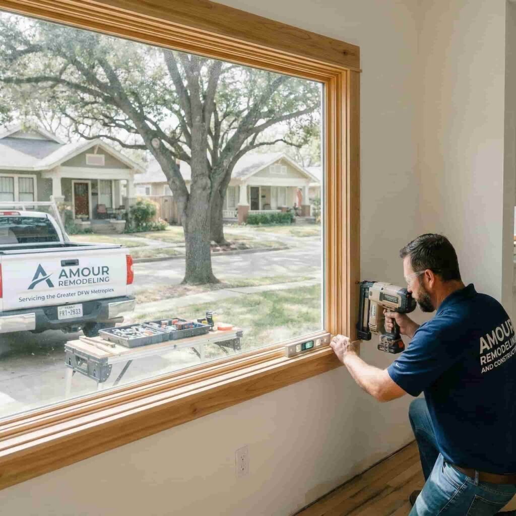 An Amour Remodeling contractor carefully installing wooden window trim with a nail gun, with a branded company work truck parked in a local DFW residential neighborhood outside.