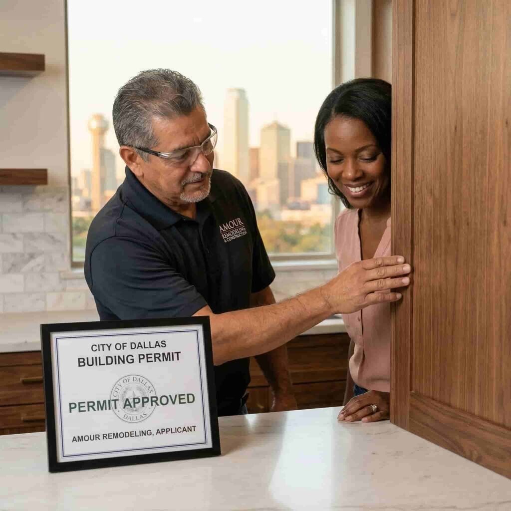 An Amour Remodeling contractor and a smiling homeowner inspecting custom wooden cabinets, with a framed "City of Dallas Building Permit Approved" sign prominently displayed on the kitchen counter. The Dallas skyline is visible through the window in the background.