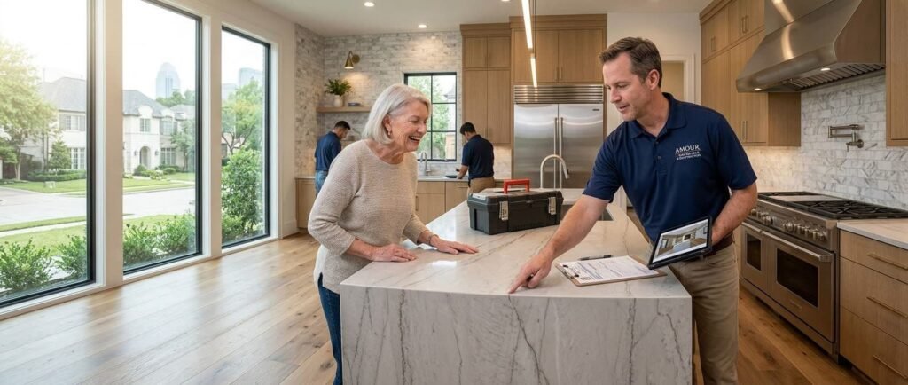 Amour Remodeling contractor discussing custom kitchen renovation plans with a smiling homeowner in a beautiful North Dallas home.