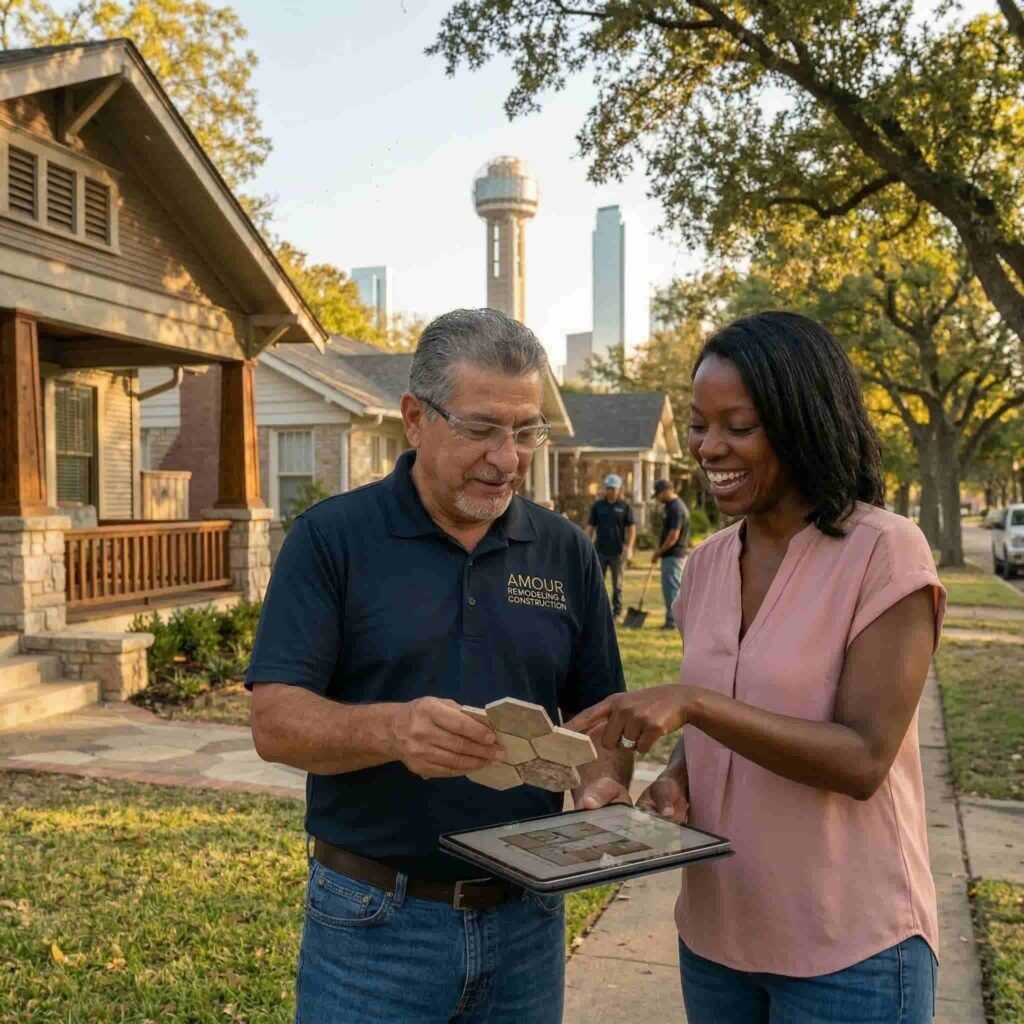 An Amour Remodeling contractor and a smiling homeowner discussing hexagonal tile samples and an iPad floor plan on a sidewalk in a historic Dallas neighborhood. Landscaping workers and the iconic Dallas skyline featuring Reunion Tower are visible in the background.