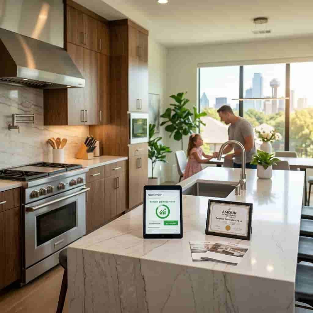 A beautifully remodeled modern kitchen featuring a marble island with a tablet displaying a Return on Investment (ROI) chart, an Amour Remodeling certificate, and brochures. In the softly blurred background, a father and daughter interact near a large window framing the Dallas skyline, illustrating the lifestyle and property value benefits of a home renovation.