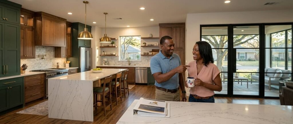 A happy couple enjoying their newly remodeled open-concept kitchen in Plano, TX, featuring custom wood and green cabinetry, a large quartz island, and modern glass doors. A cost estimation binder from Amour Remodeling rests on the counter, highlighting top-tier craftsmanship and home transformations.