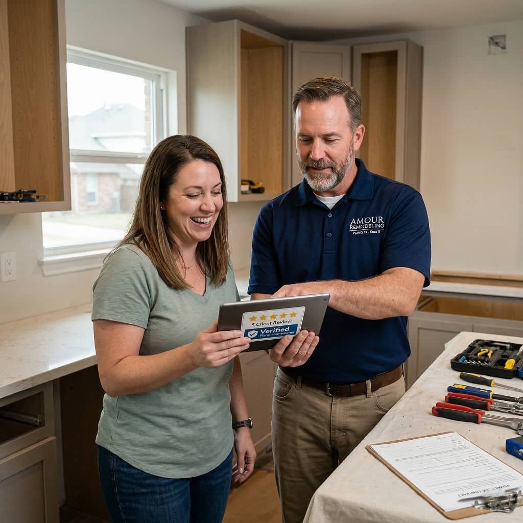 A trustworthy Amour Remodeling contractor and a smiling homeowner looking at a 5-star verified client review on a tablet inside a Plano, TX kitchen currently under renovation. Construction tools and a clipboard rest on the newly installed countertops, highlighting reliable and highly-rated local service.