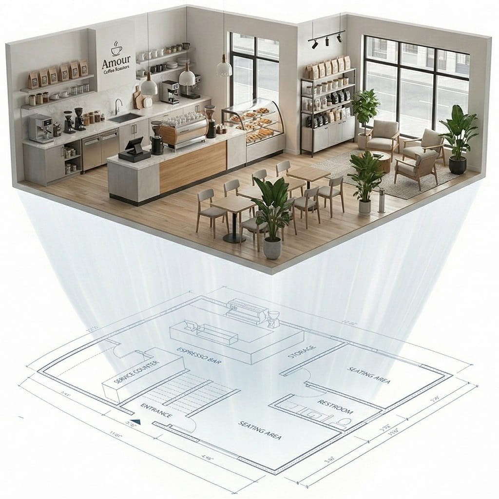 An isometric architectural visualization by Amour General Contractors depicting a modern cafe interior design in Dallas, TX. The image shows a full coffee house build-out with a wooden bar, display cases, and seating, connected by a luminous projection line to a detailed 2D floor plan layout below, showcasing commercial space planning expertise.