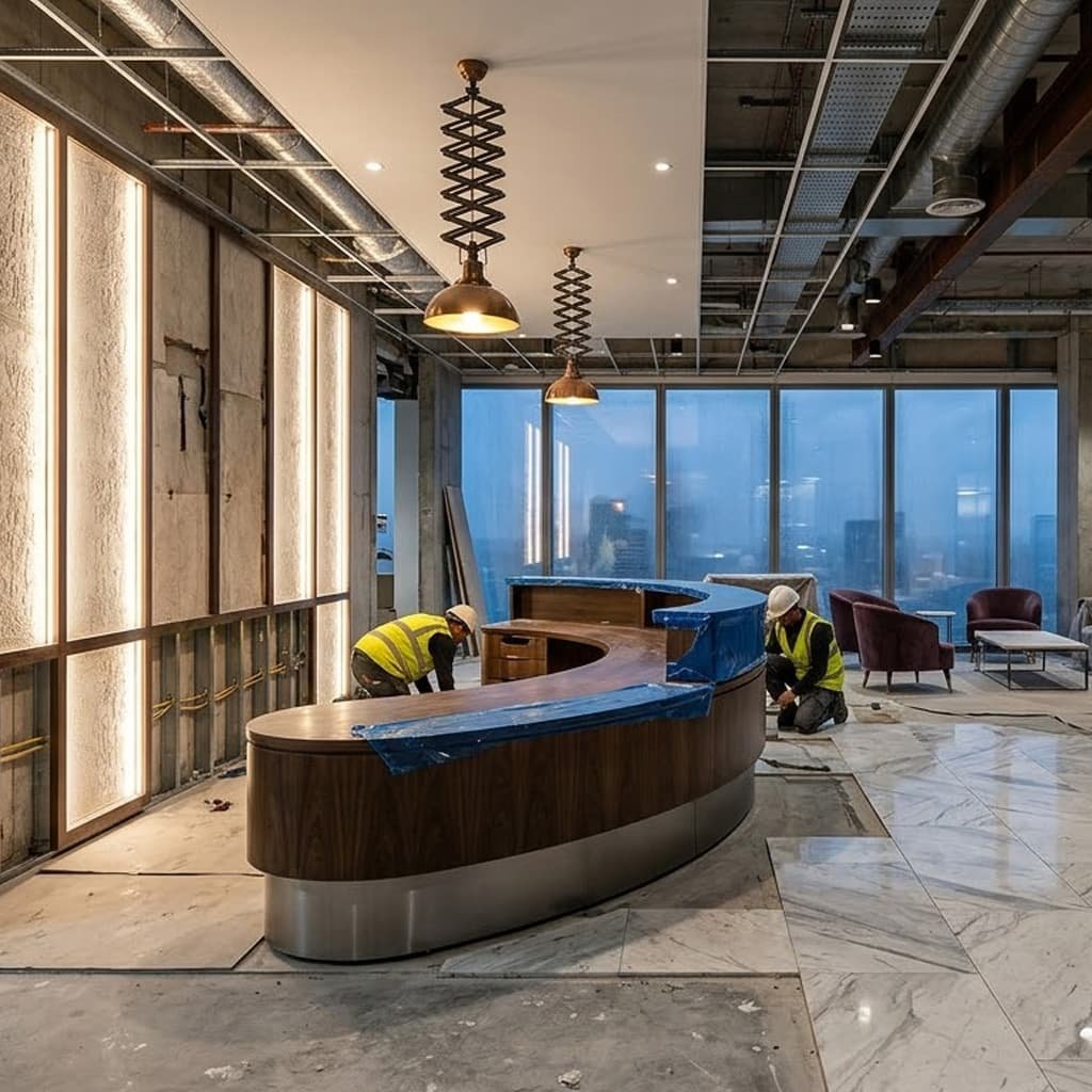 A detailed architectural photograph of a luxury commercial renovation project in the Dallas-Fort Worth metroplex, representing the core values, efficiency, and premium quality standards of Amour Construction.