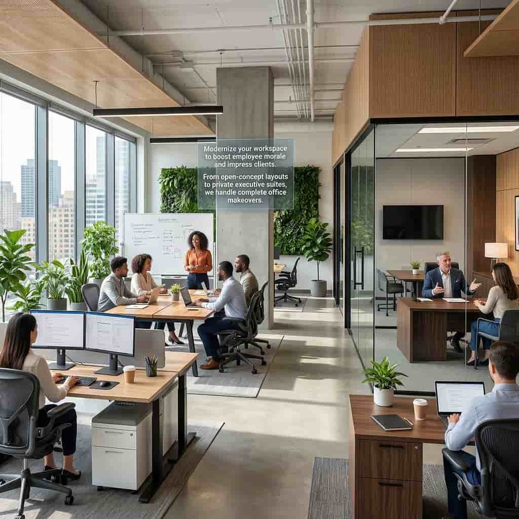 Vista interior de una moderna y lujosa oficina de piso alto en Dallas con vistas al horizonte de la ciudad. Dos profesionales están trabajando. Un hombre de pie junto a un escritorio ajustable mira una tableta, mientras que una mujer interactúa con un plano arquitectónico en una gran pantalla interactiva a la derecha. El horizonte de Dallas, incluyendo la Reunion Tower, es visible a través de una gran ventana. El techo tiene un diseño geométrico único.